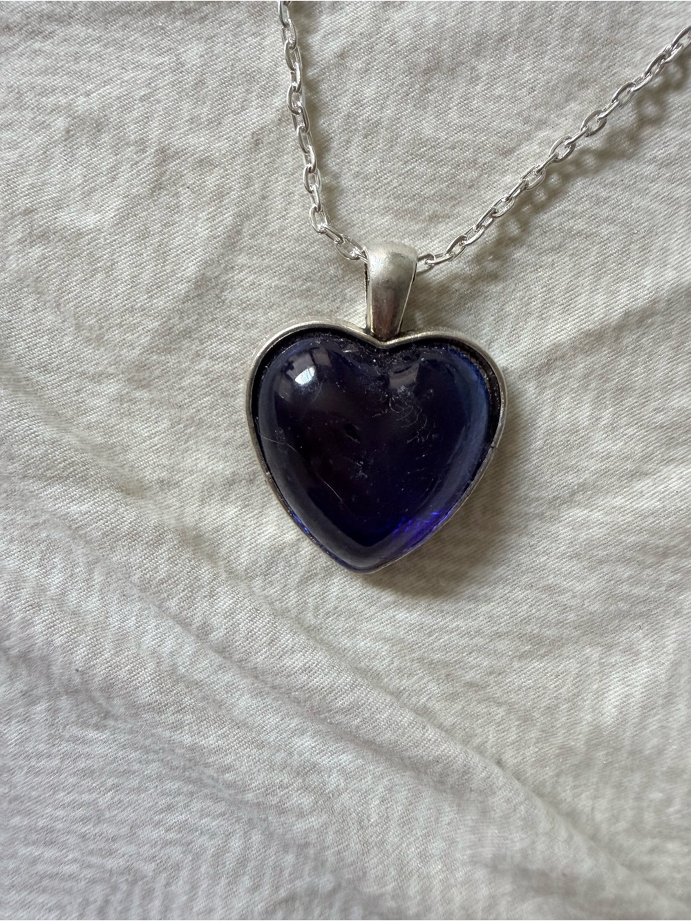 Heart Pendant Necklace with Deep Blue Glass Stone